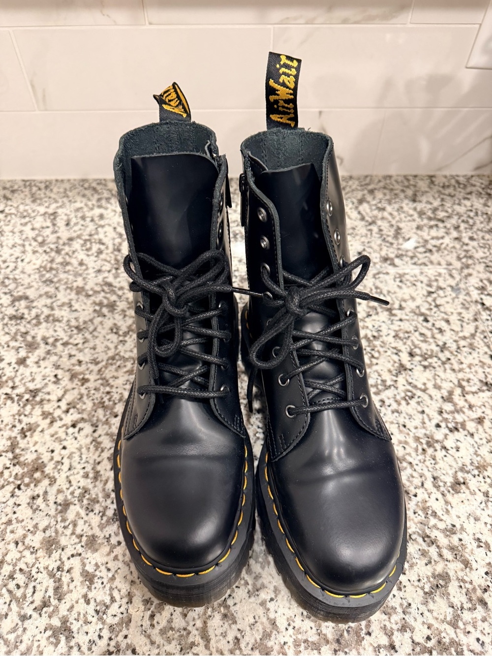 Dr. Martens Black Lace-Up Combat Boots with Yellow Stitching